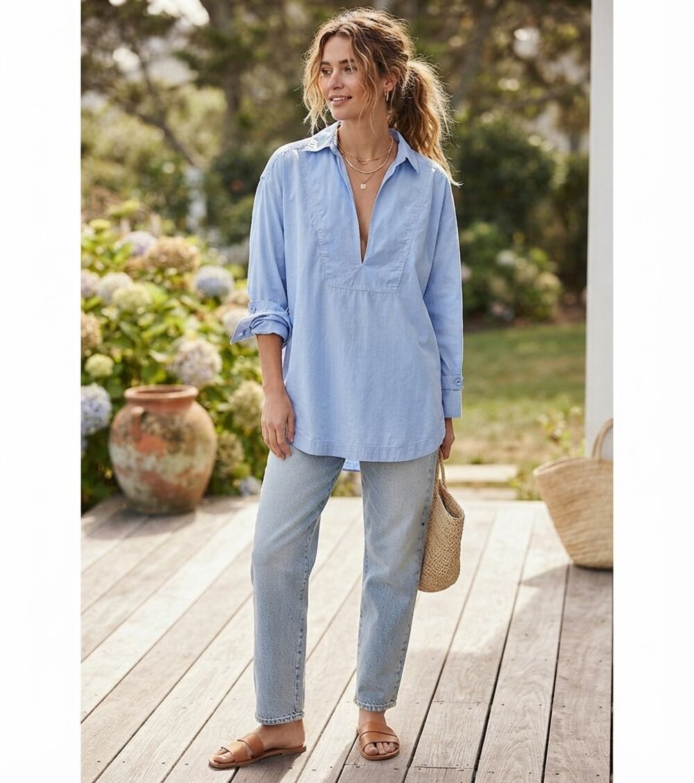 We The Free Free People Blue Cotton Popover V-Neck Tunic Top Size S